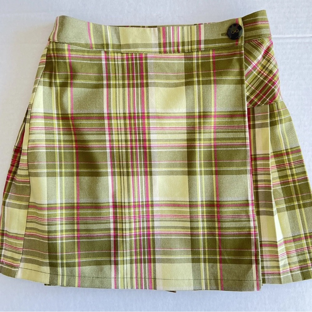 Urban Outfitters Skirt Plaid Medium Wrap Mini Pleated Fall Green Pink Button NWT